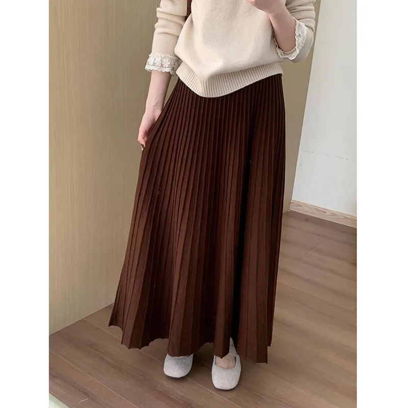 

Винтажные женские осенне-зимние плиссированные юбки, корейские универсальные утепленные повседневные трикотажные юбки, элегантная темпераментная длинная юбка
