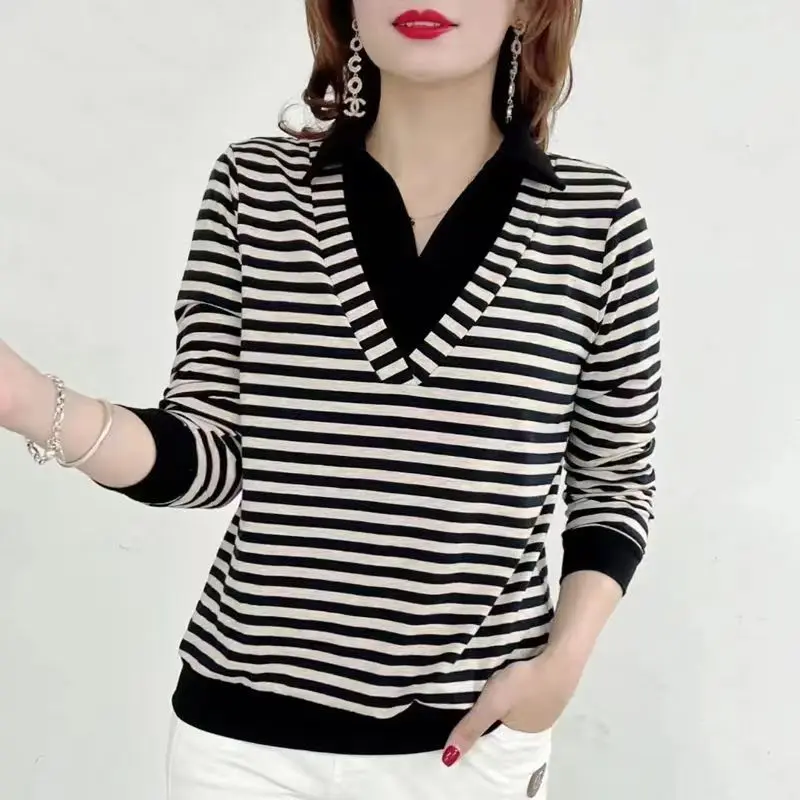 Casual Polo-Neck Striped Print Sweatshirts for Female 2023 Autumn Fashion Korean Long Sleeve Loose Fake Two Pieces Pullovers Top