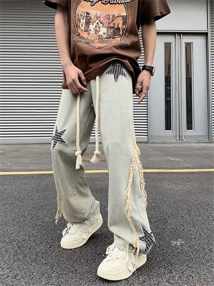 Star Patchwork Men Jeans Streetwear Retro Embroidered Tassel Straight Leg Loose Denim Trousers Male Drawstring Denim Baggy Pants