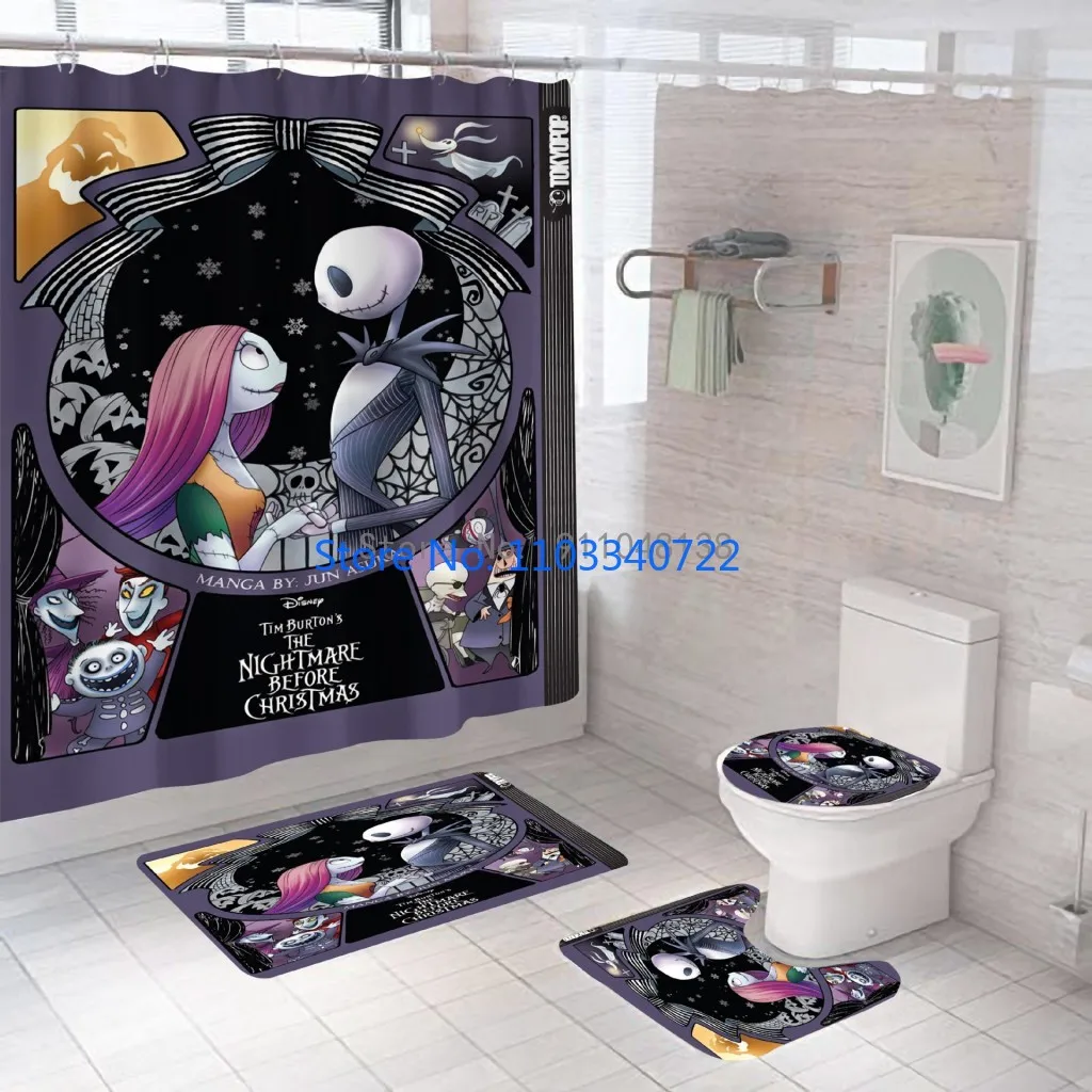 Nightmares Before Christmas Shower Curtain Set 4pcs with Hooks Cartoon Decor Waterproof Bathroom Toilet Mat Lid