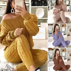 Casual Solid Warm Knitted Women Set Two Pieces Sexy O-neck Sweater Trousers Tracksuit Winter Lady Outfits Slim