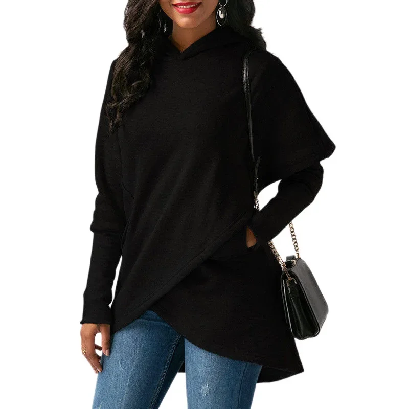 2021 Solid Sweatshirts New Female Casual Warm Hooded Jumper Women Autumn Winter Long Sleeve Pocket Irregular Pullover Hoodies