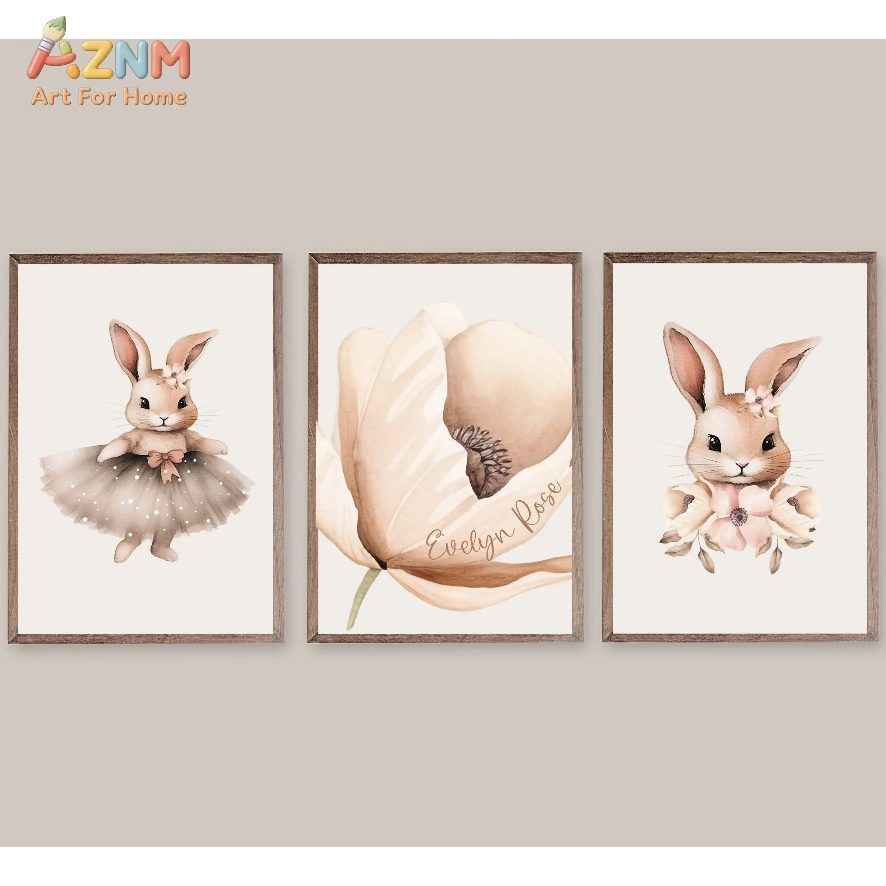 AZNM 3Pcs Watercolor Bunny Flower Canvas Wall Art, Custom Name Beige Floral Rabbit Tutu Print Frameless Canvas Painting,