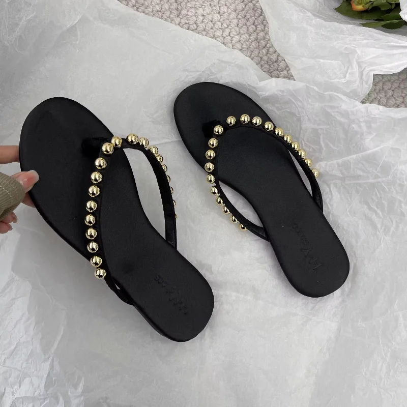 

Fashion Pearls Beach Flip Flops for Women 2025 Summer Clip Toe Flat Slides Sandals Woman Comfortable Non Slip Outdoor Slippers