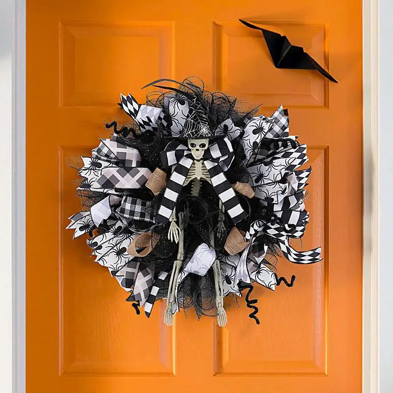 

Halloween Front Door Wreath Halloween Witch Hat Skull Wreath 16 Inch Ghost Ribbon Wreath Spooky Home Decor Wall Ornaments For