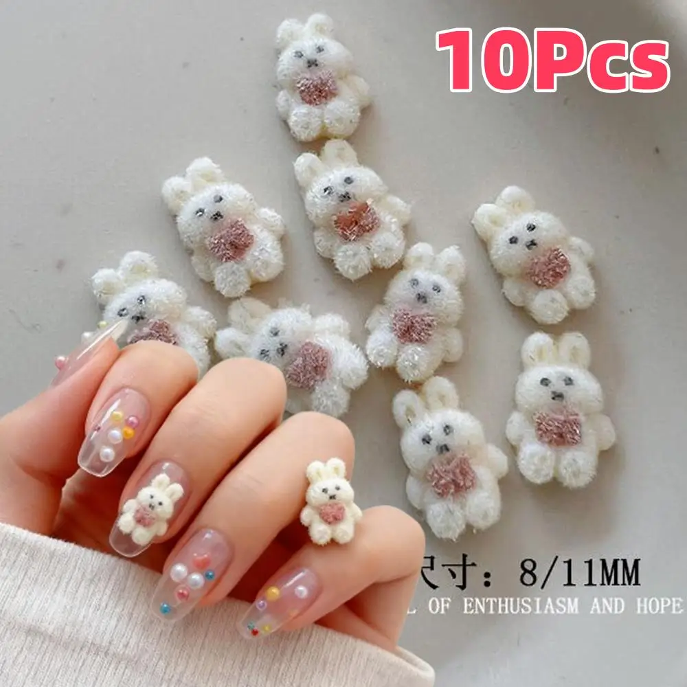 10 Stück 3D Plüsch Kaninchen Bär Nail Art Charms Weiß/Braun Bowtie Kaninchen Nägel Dekorationen DIY Haarnadel Handwerk Maniküre Zubehör