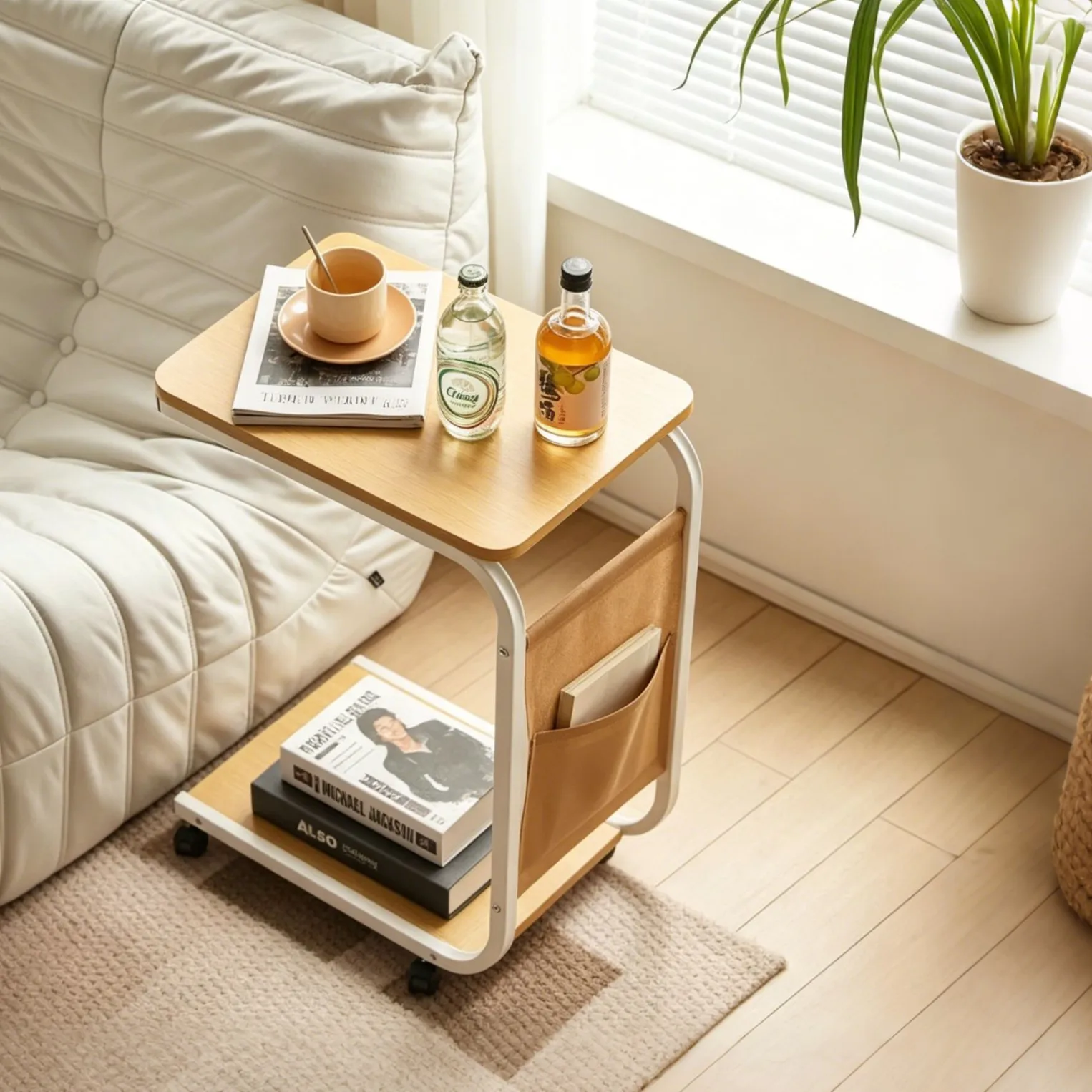 Mobile Height Adjustable Coffee Table Metal Frame Two-Tier Storage Rolling Sofa Side Bedside Laptop Desk Living Room Bedroom