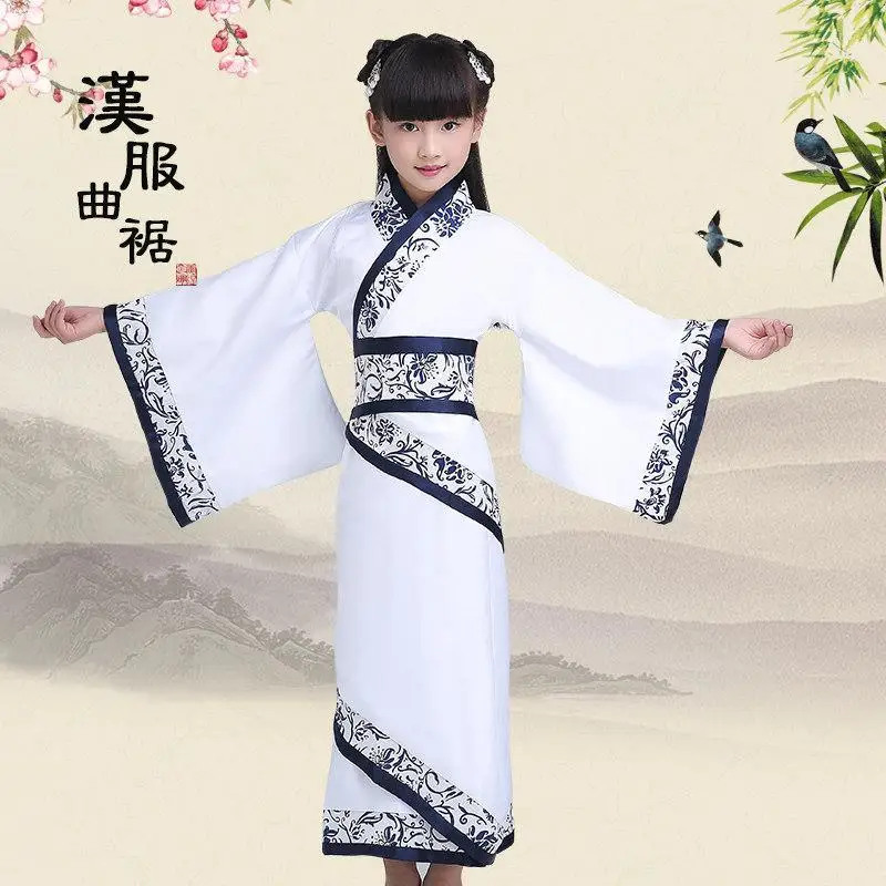 Children's Dress Girls Blue-and-White Porcelain Quju for Kids - Hanfu Dress Chinese Traditional Performance Chinese Girl Costume