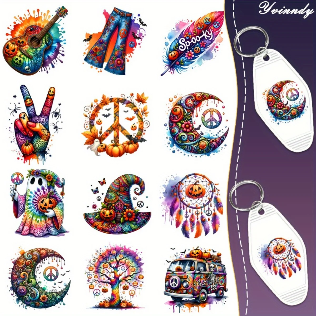 

60 Pieces Hippies Halloween UV DTF Transfer Durable High Viscosity Adhesive Suitable For DIY Crafts Office Supplie And Keychain