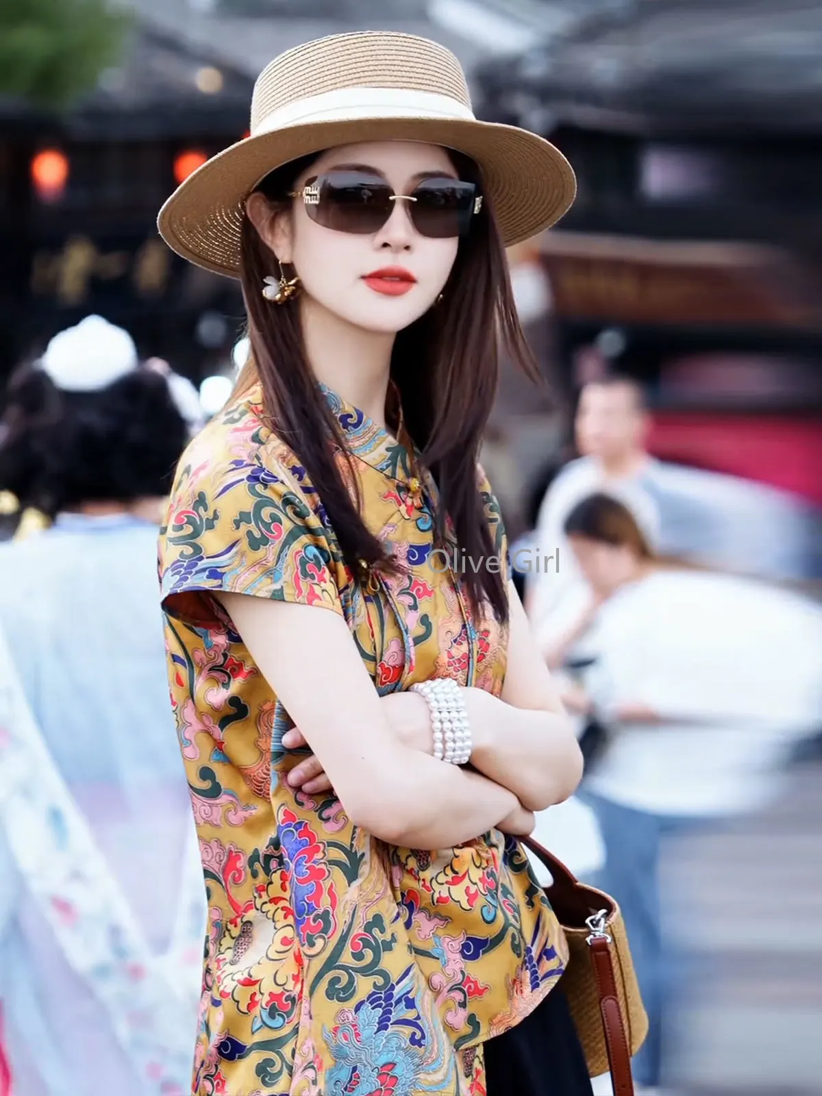 Olive Girl Printed Shirt High-end Elegance Blouse 2025 Chinese Traditional Clothing Short Sleeved Stand Collar Top