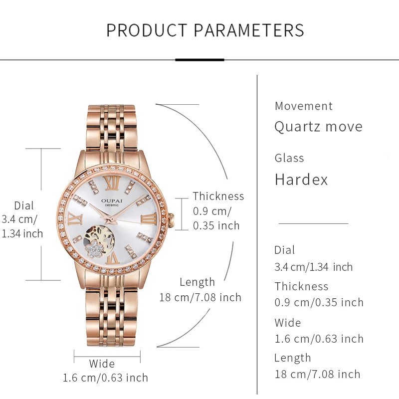 Oupai ラウンドダイヤル レディース ステンレススチールストラップ ローズゴールド 夜光針 クォーツムーブメント ファッション性と洗練さ