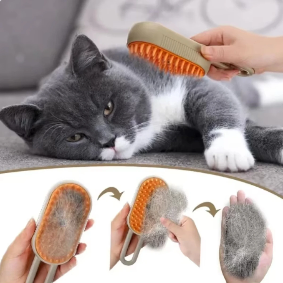 3 in 1 Cat Steam Brush One Touch Spray Pet Hair Removal Tool 360° Rotating Handle Silicone Multifunctional Massage Comb