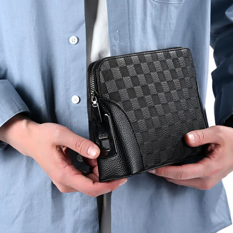 指紋認証ロック付きメンズ財布、ビジネス用クラッチバッグ、チェック柄、メンズバッグ、携帯電話と小銭入れ