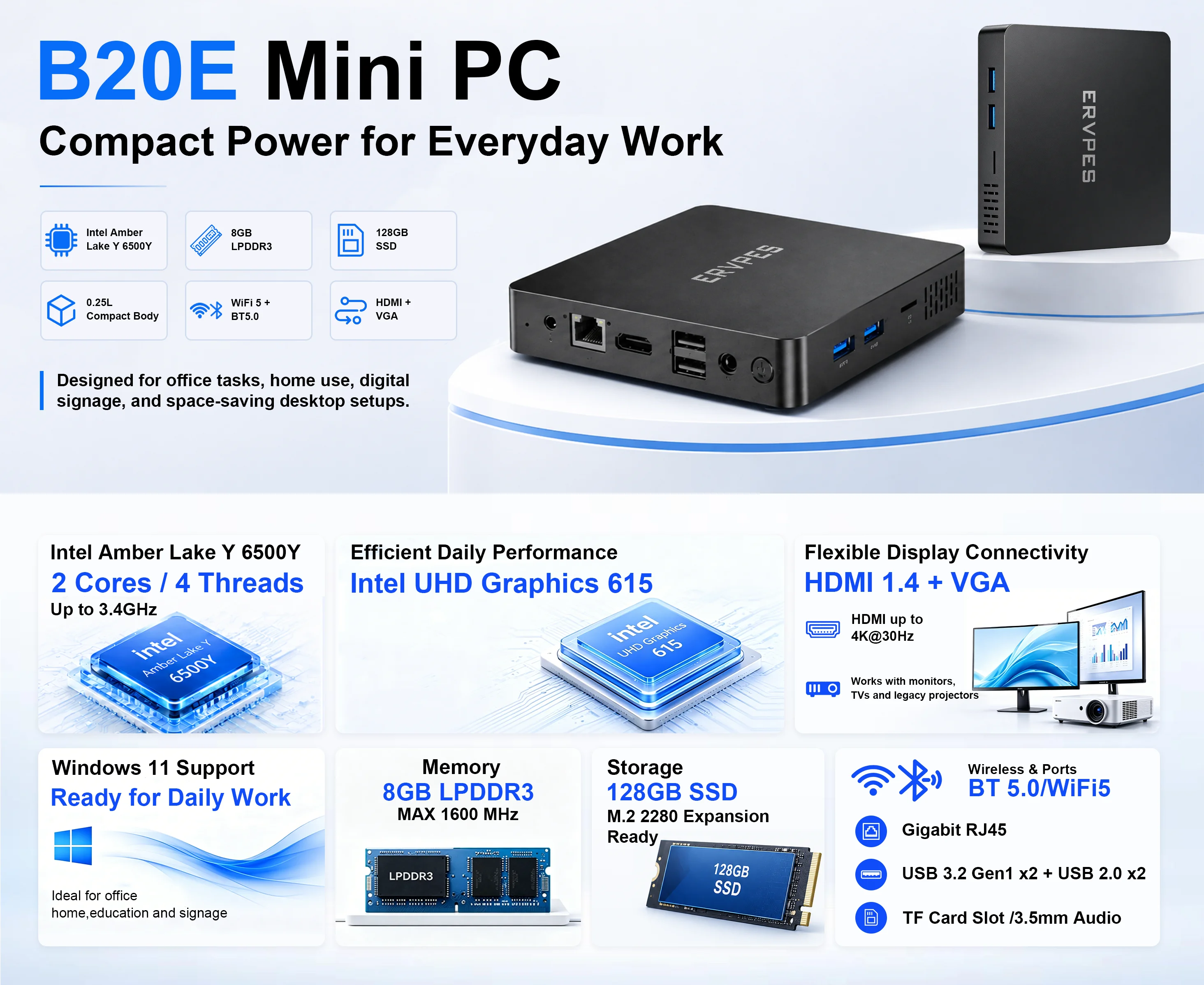 ERVPES Mini-PC B20E Windows 11 Pro 8GB RAM 128GB ROM 6500Y Micro-Desktop-Computer Dual-Band WLAN Mini-PC – Detail 2