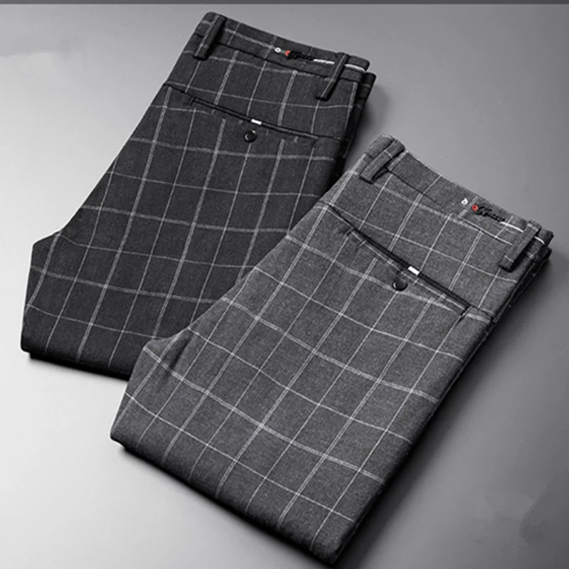 

Plaid Summer Pants Men Slim Gray Black Suit Pants Men Stretch Business Formal Trousers Men