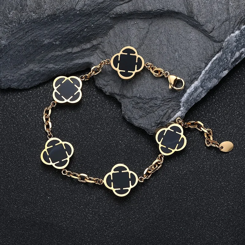 

Luxury Women's Essential Double Sided 18k Gold Plated Stainless Steel Four Leaf Flower Pendant Bracelet Party Gift Clover