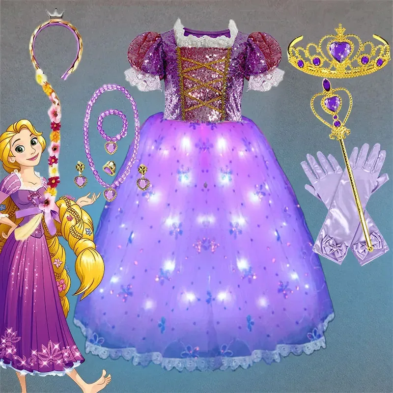 Vestido de hada de princesa Rapunzel inspirado en enredados de película de Disney brillante, disfraz elegante, vestido de baile, regalo de fiesta de cumpleaños con lentejuelas