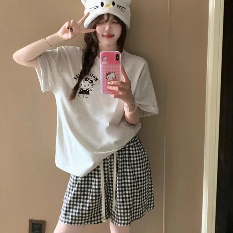 Sanrio Pajamas Women's Summer Short-sleeved Hello Kitty Shorts Cartoon Fresh and Loose Large Size Internet Loungewear Set Gift