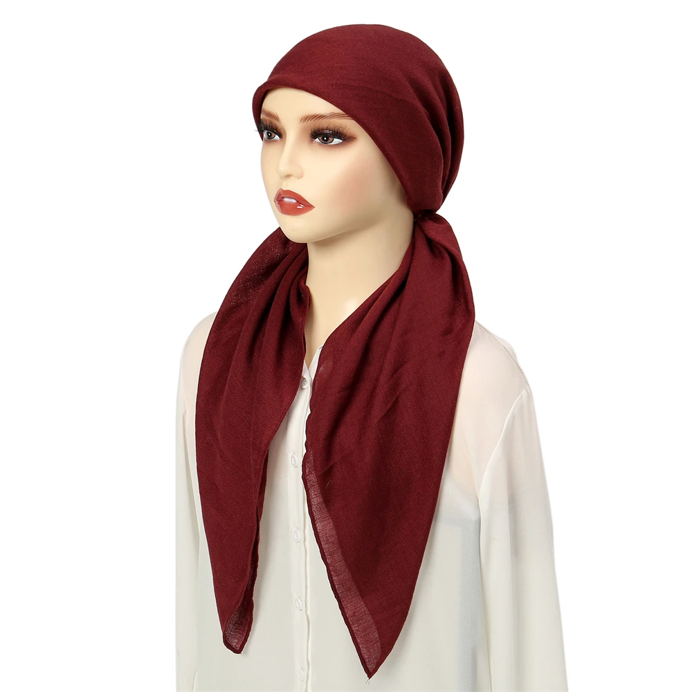 Muslim Hijab Turban Pre-Tied Hat Women Solid Color Long Tail Bonnet Chemo Cap Hair Loss Head Scarf Wrap Beanies Turbante Mujer