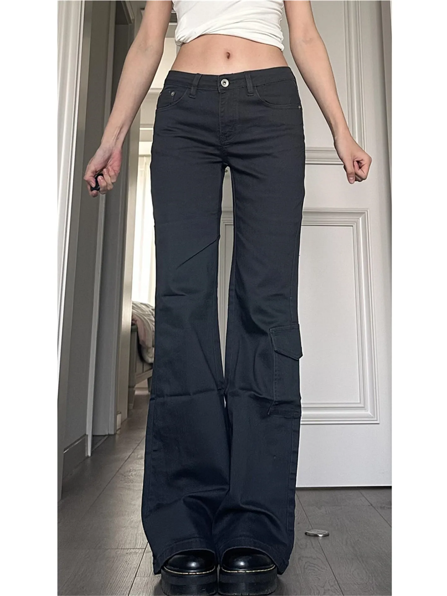 

Американские винтажные джинсы-клеш дымчато-серого цвета для женщин, весенние, с эффектом потертости, утягивающие, сексуальные, с низкой посадкой, рабочие, из хлопка, эластичные