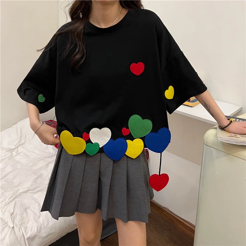 Summer Women Casual Loose Short T-shirt O-Neck Short-sleeved Colorful Love Heart Appliques Tshirt Teenagers Kawaii Tee Tops