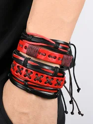 4Pcs/ Set Braided Wrap Leather Bracelets for Men Vintage Life Tree Rudder Charm Wood Beads Ethnic Tribal Wristband Rope Bracelet