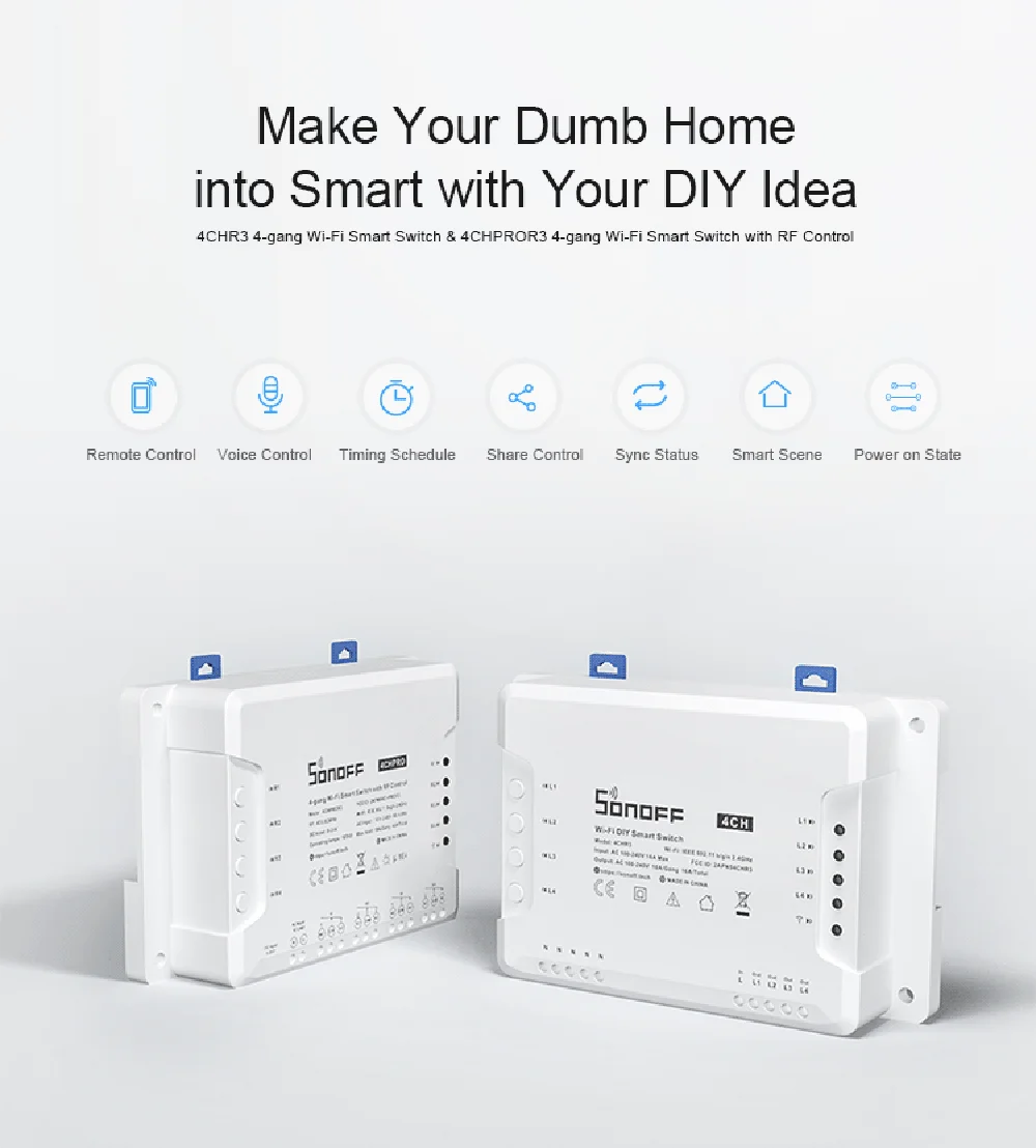 SONOFF-WiFi Interruptor Inteligente com Controle RF, Intertravamento automático Inching, eWelink APP, 4 Gang, 4CH, R3, 4CH Pro