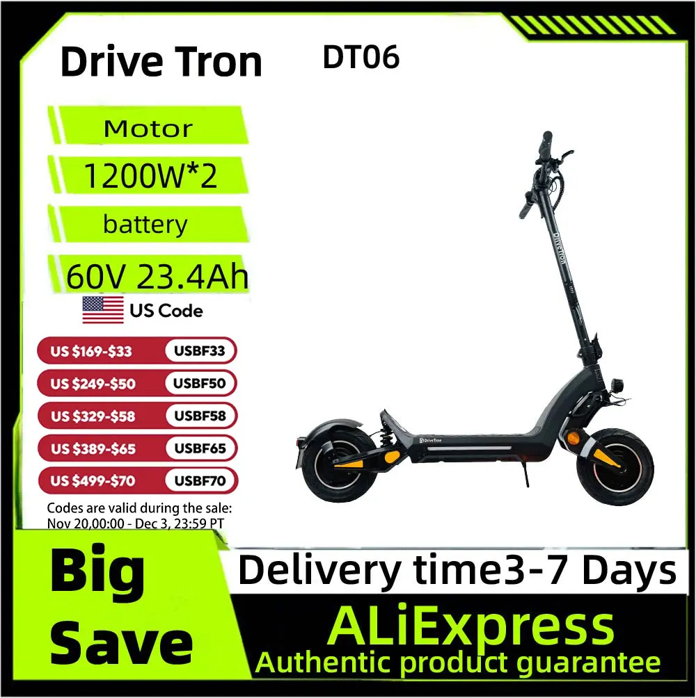 

Drive Tron DT06 Adult Electric Scooter, 1200W*2 Motor,60v 23.4Ah Battery ,Folding E-Scooter, E-Mountain Scooter