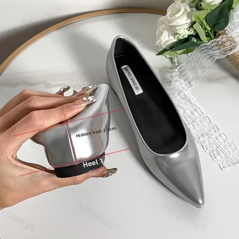 Women Pointed Toe Flat Heel Shoes Fashion Lacquer Leather 2025 Spring Internal Height Increase of 3.5cm Anti Slip Banquet Shoes