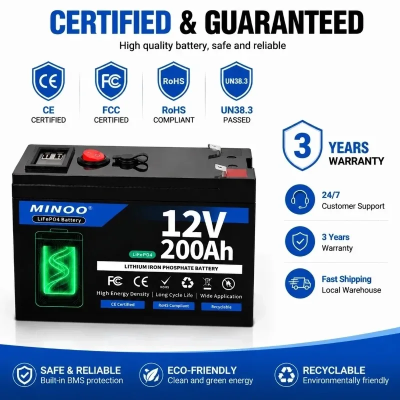 12V 200Ah LiFePO4 Battery Lithium Iron Phosphate Deep Cycle Rechargeable Battery With BMS For Solar RV Marine Energy Storage