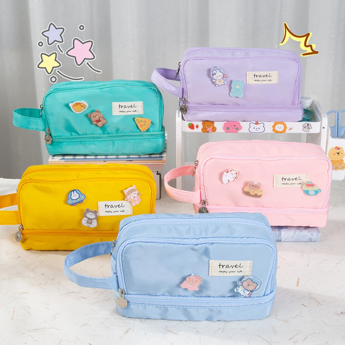 Kawaii Large Capacity Pencil Case Pouch Bag Double Layer Girls Pen Box Korean Stationery Back to School Supplies for Students