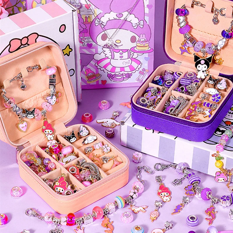 Sanrio My Melody Kuromi Jewelry Set Gift Box Kids DIY Cartoon Beaded Bracelet Necklace Decorative Accessories Holiday Surprise