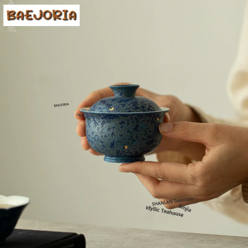 

Hand-painted Blue Butterfly Sprinkle Gold Gaiwan Antique Tea Tureen Tea Bowl With Lid Kit Tea Maker Cover Bowl Teaset Collection