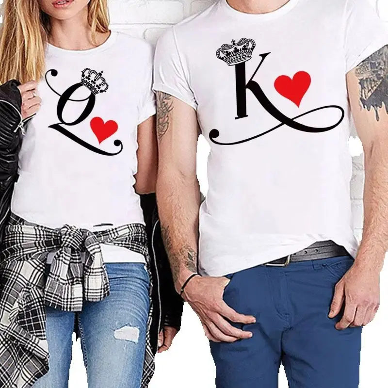 Cotton 100% New KING QUEEN Printed Short-sleeved Casual Couple T-shirt for Couples Women Clothing  Graphic  Aesthetic Summer