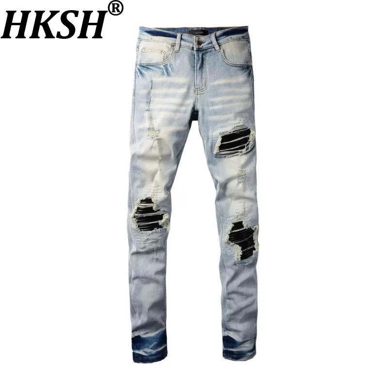 

HKSH Spring New Men Tide Punk High Street Trendy Chic Light-colored Holes Jeans Patchwork Elastic Fit Pencil Denim Pants HK20994