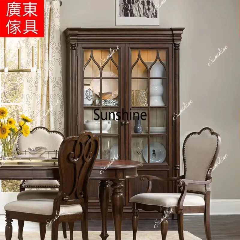 

Y.American rural all-solid wood double-door wine cabinet, living room glass door display is simple