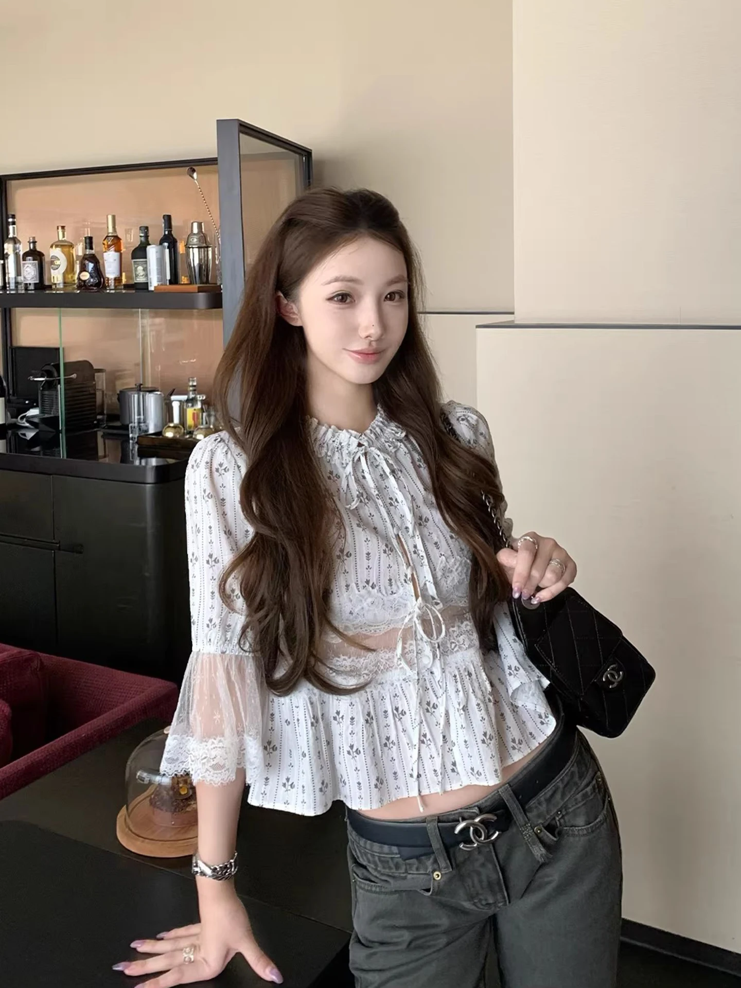 

Floral Lace Trim Belted Lantern Sleeve Pleated Short Length Casual Style Women's Top Spring 2026 New Collection Elegant Slimming
