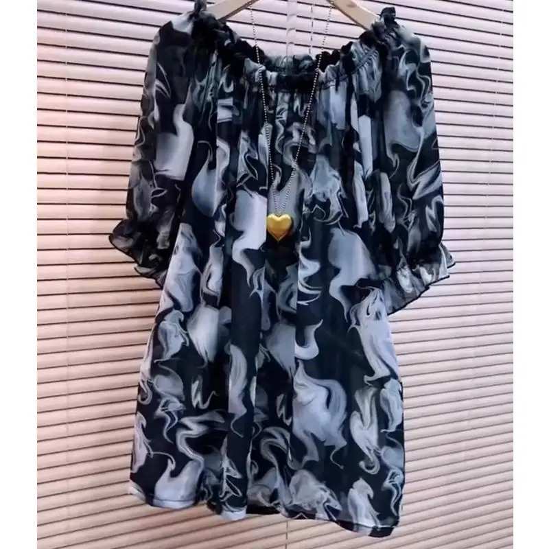 

Plus Size Thin Print Vintage Blouse Summer New Short Sleeve O-neck Loose Pleated Fashion Shirt Tops Casual Office Women Clothing