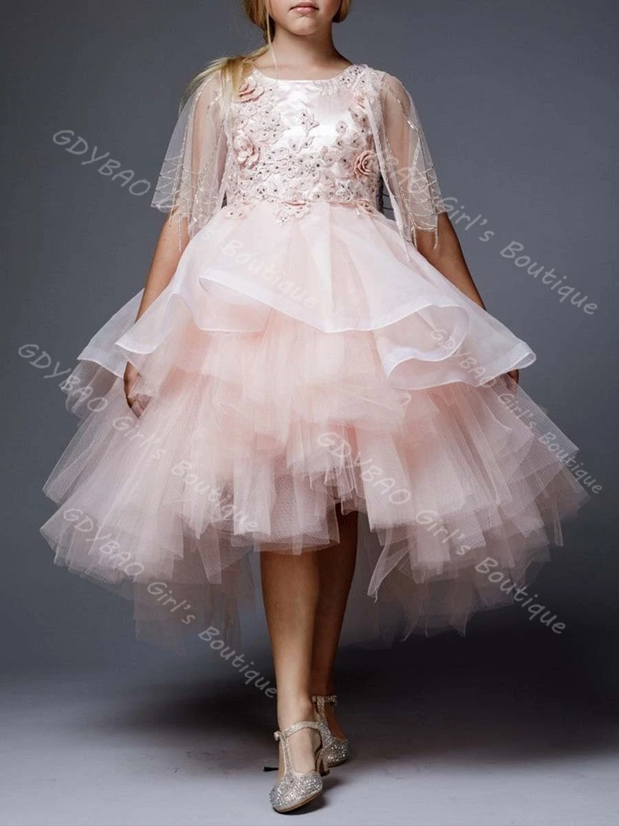 

High Low Party Dress for Girls Sheer Sleeves Tiered Tulle Princess Flower Girl Dress with Sequined Appliques Customized Vestidos