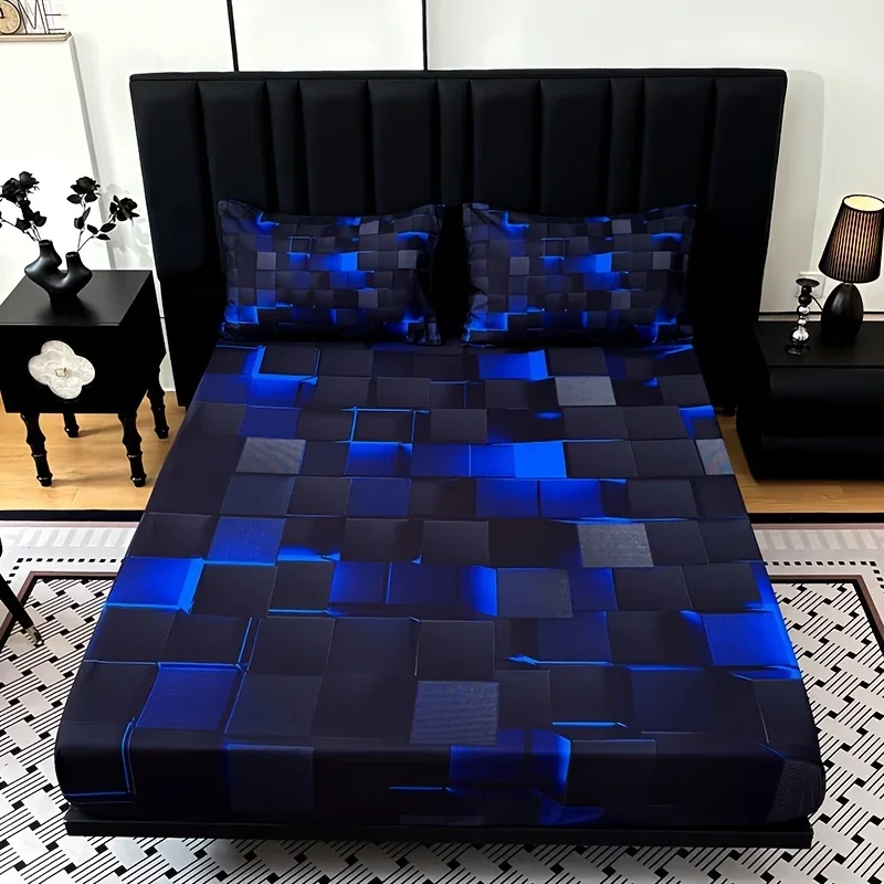 Tech-Red Plaid Fitted Sheet Set High Definition Print Dormitory Bedding Machine Washable Digital Print Weight Included