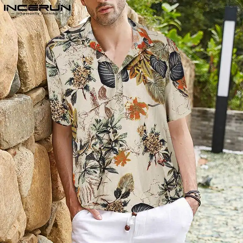 INCERUN Tops 2024 Men Printed Collar Short Sleeve Casual Shirt Hawaiian Beach Male Cotton Fashion Blouse Summer Streetwear S-3XL