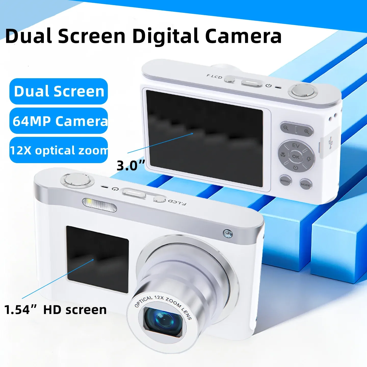 

Front and Rear Dual Screen Selfile Digital Camera 4K 64MP CCD Camera for Photography 12X Optical Zoom Video Vlogging Camcorder