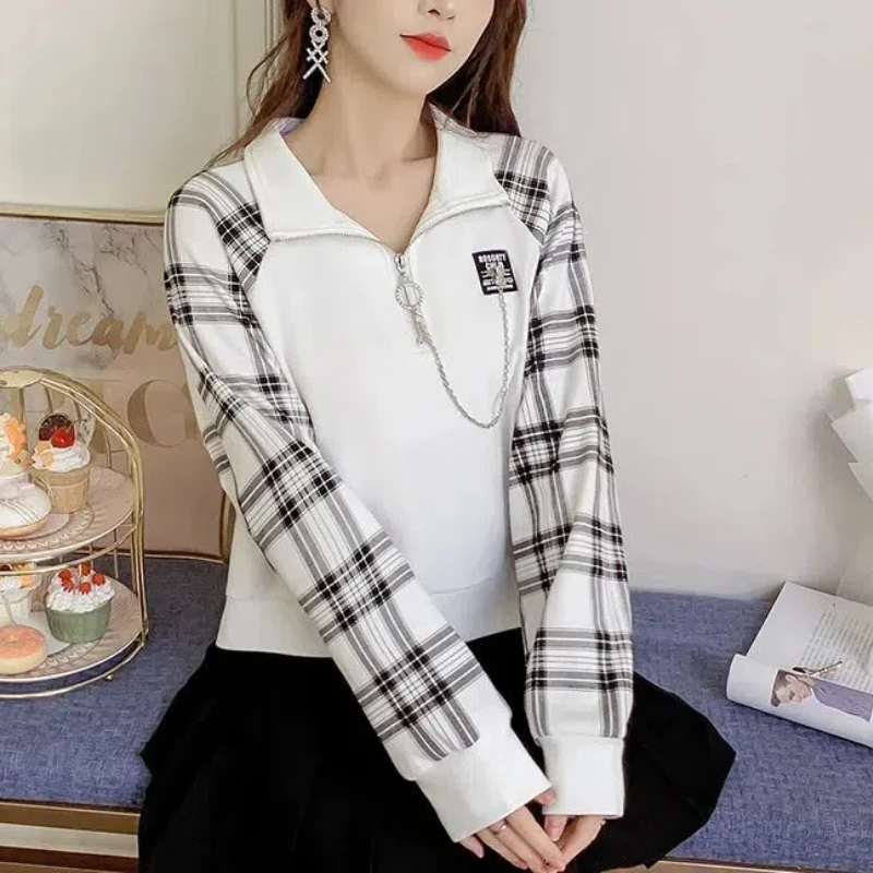 Spring Autumn Pullover Zipper Checkered Contrast Color Lantern Long Sleeve Stand Collar Chain Women's Casual Hoodies Tops