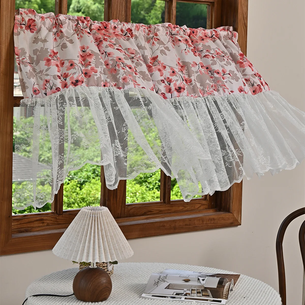 Window Valance Leave Printed with Lace Postal Style Short Curtain Farmhouse Linen Rod Pocket Rustic W140xL50cm Valances Simple