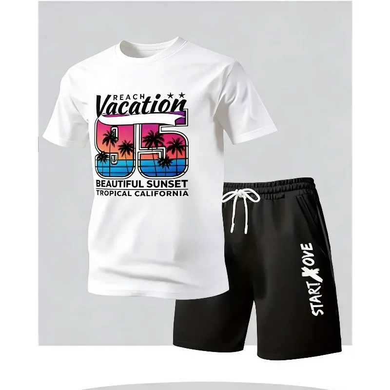 

Summer men's casual short-sleeved T-shirt and shorts sports outfit - comfortable printed lightweight quick-drying set