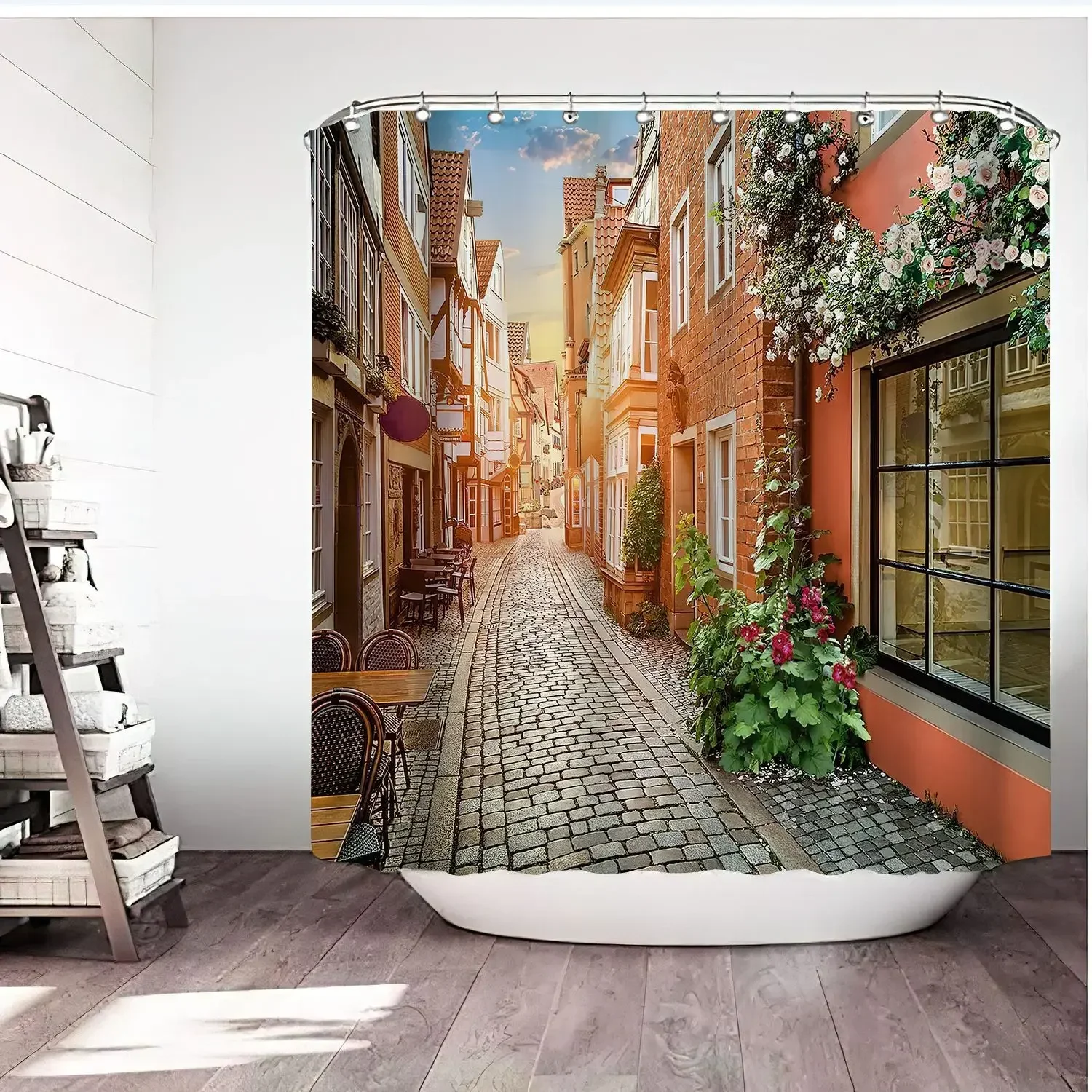 3D European Country Town Streetscape Printed Shower Curtain Bathroom Bathtub Waterproof Curtain Home Decor Aesthetic with Hooks
