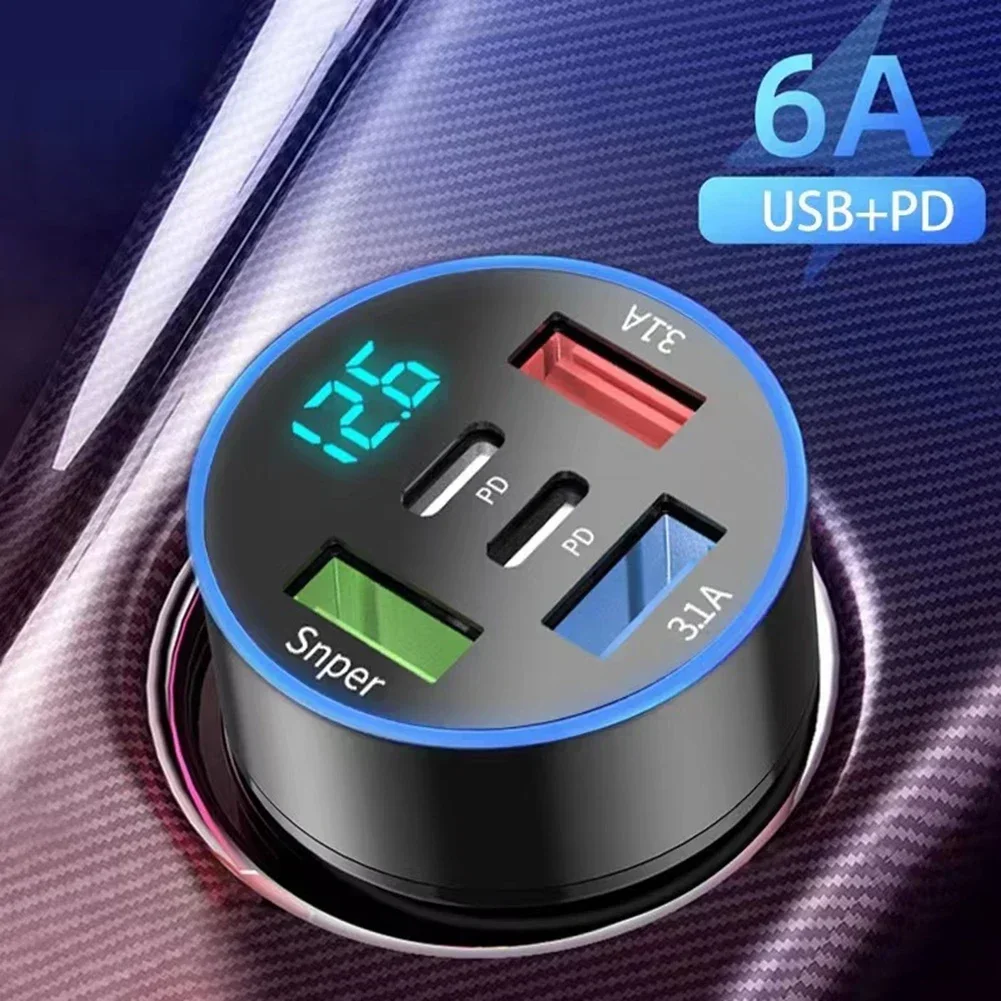 5 In 1 USB Car Phone Charger Adapter Dual PD Port Super Fast Charge 12V-24V DC 6A 130W LED Digital Display W Transparent Light