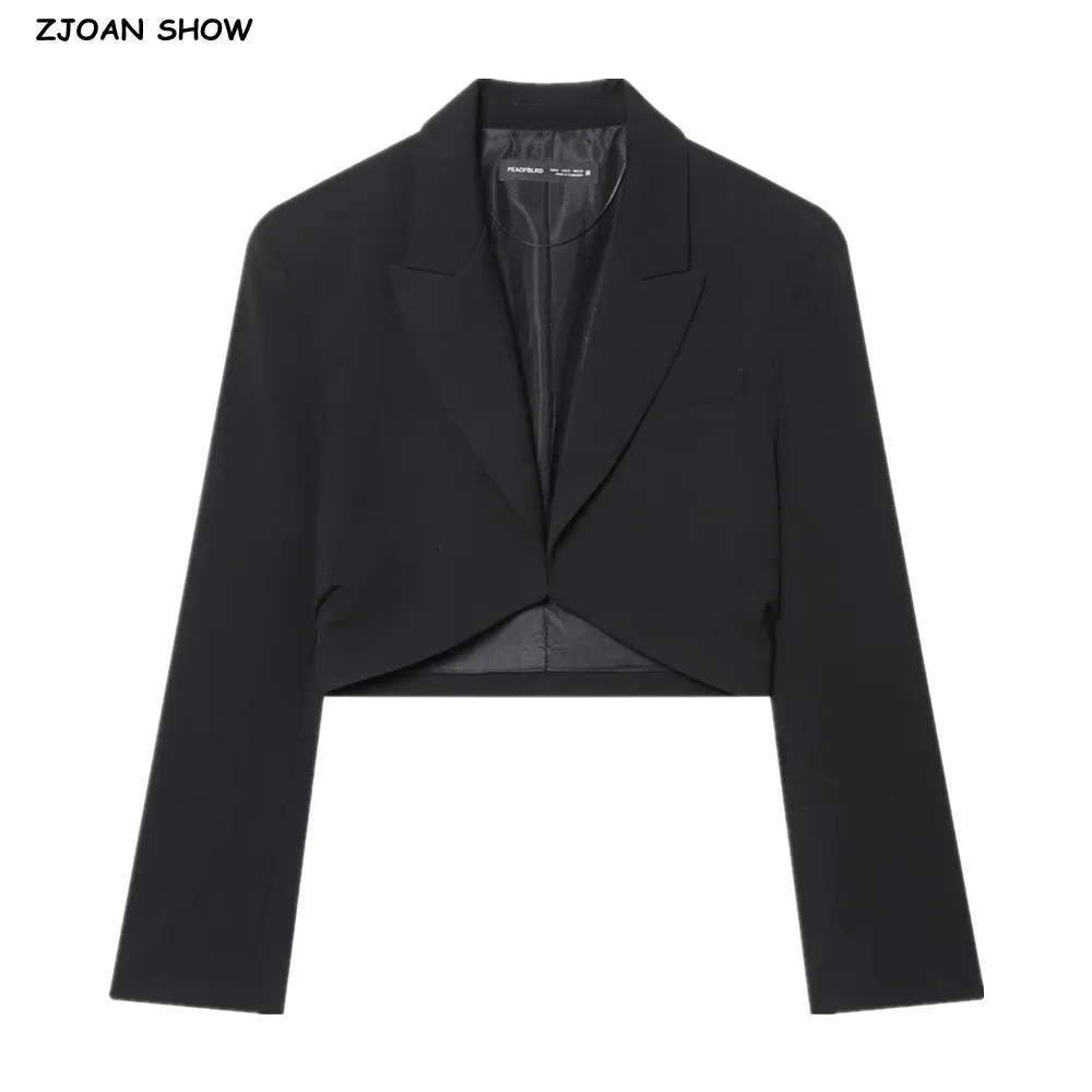 

Весенне-осенний укороченный пиджак с зубчатым воротником и открытой строчкой, черный модный женский костюм с длинным рукавом и высокой талией, модная верхняя одежда
