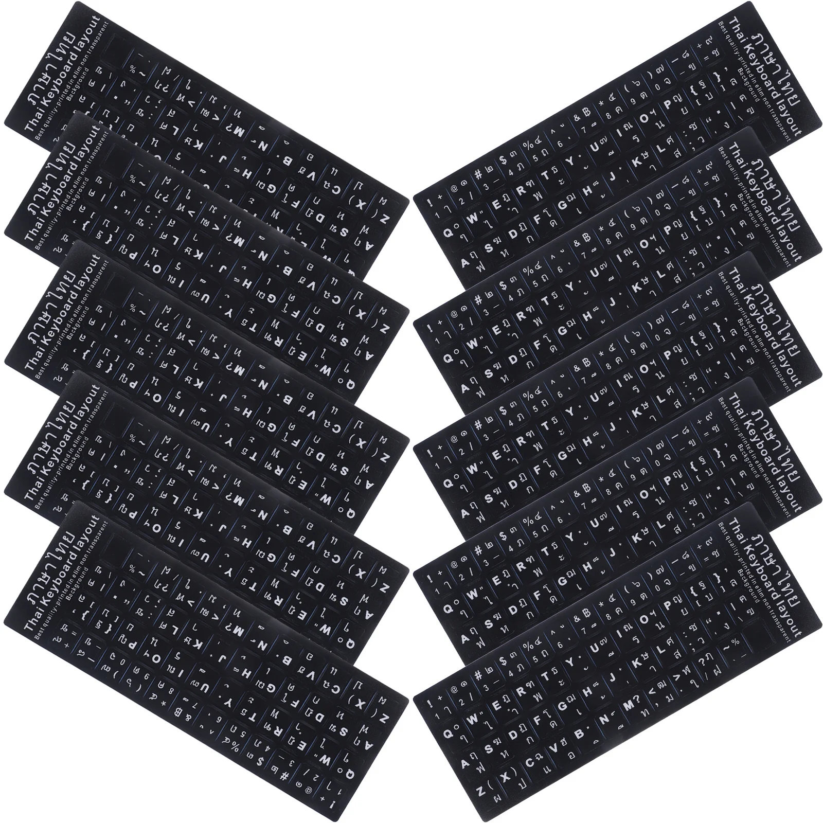 10 قطع من ملصقات لوحة المفاتيح ذات اللغة التايلاندية خلفية سوداء وحروف بيضاء بديلة للجلد العالمي لتعلم اللغة الأجنبية