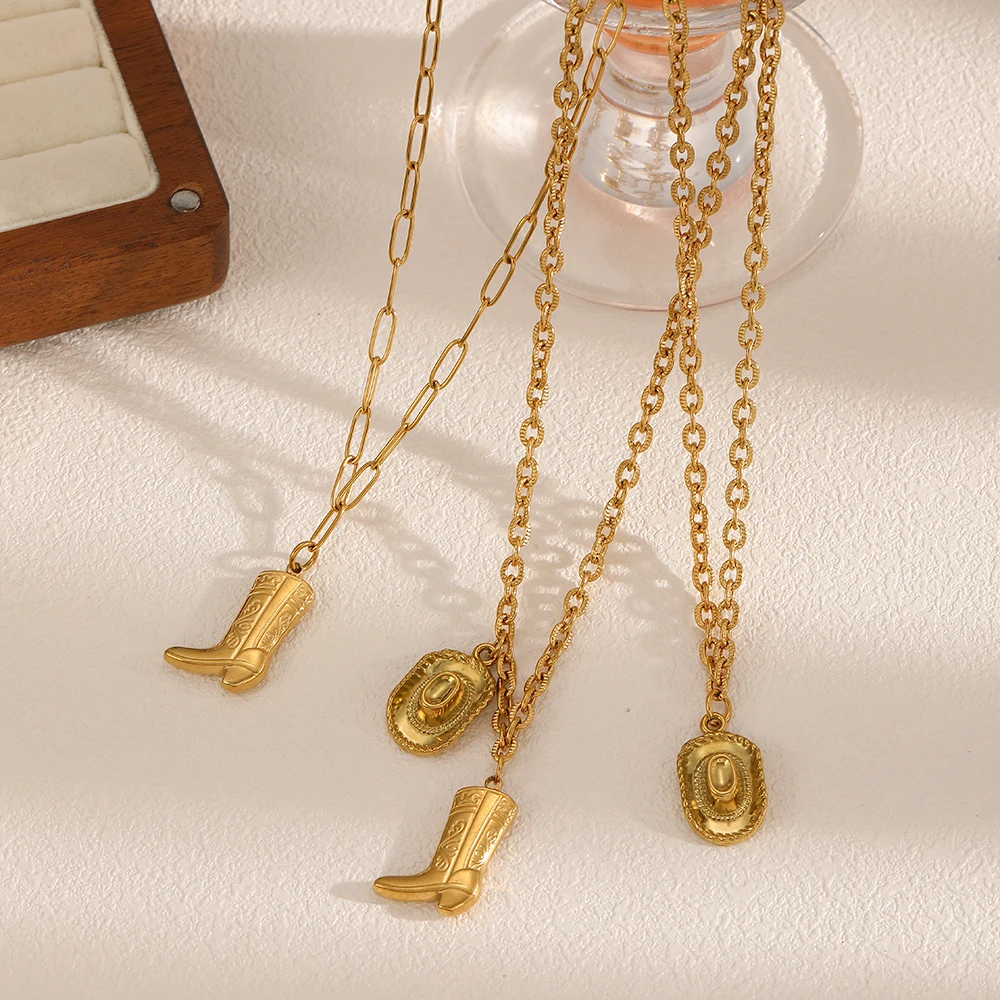 Persönlichkeitsdesign Edelstahl Goldfarben Western-Cowboystiefel Anhänger Halskette für Damen Charm-Schmuck – Detail 2